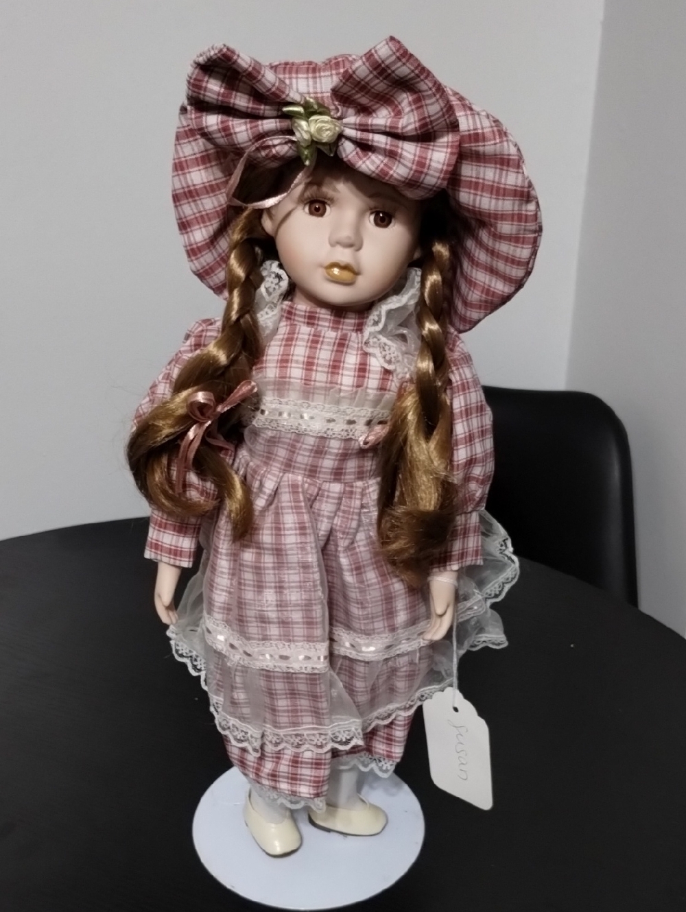 Porcelain Doll in Pink Plaid Dress and Hat